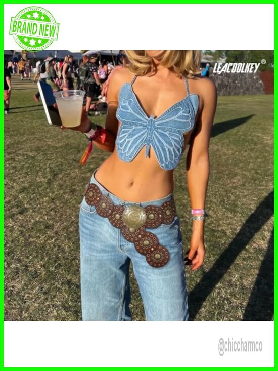 Wide Western Boho Disc Belt Faux Leather Waist Belt for Dress Jeans Festival